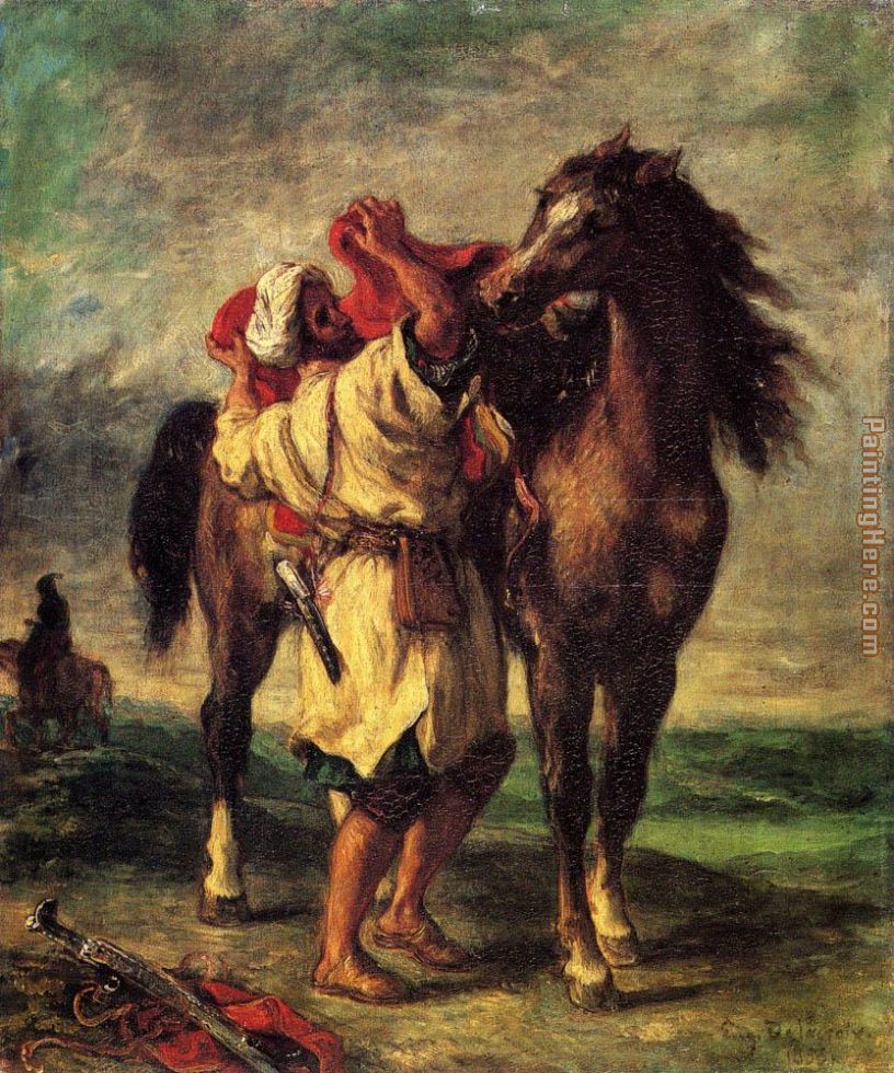 A Moroccan Saddling A Horse painting - Eugene Delacroix A Moroccan Saddling A Horse art painting